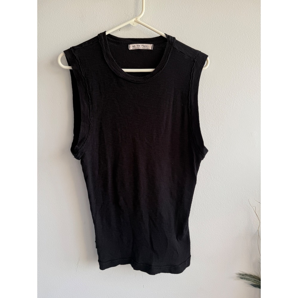 We The Free Black Ribbed Muscle Tank Top Raw Edge Sleeveless Crew Neck Large